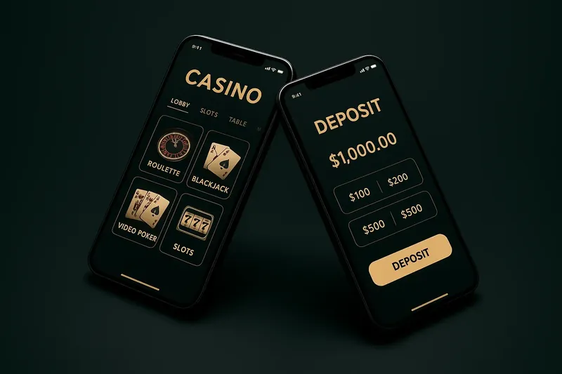 Casino App Smartphones Two smartphones showing dark casino app lobby and deposit screen