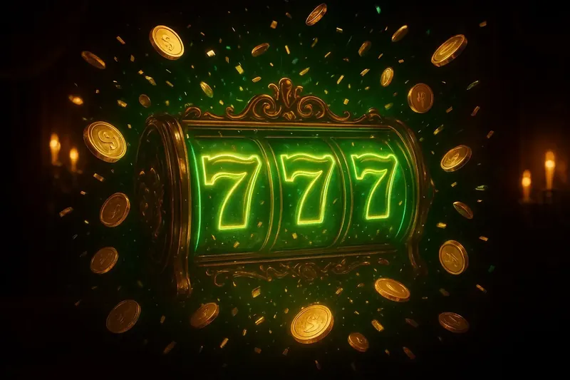 Glowing slot reels with massive win, coins and confetti bursting outward