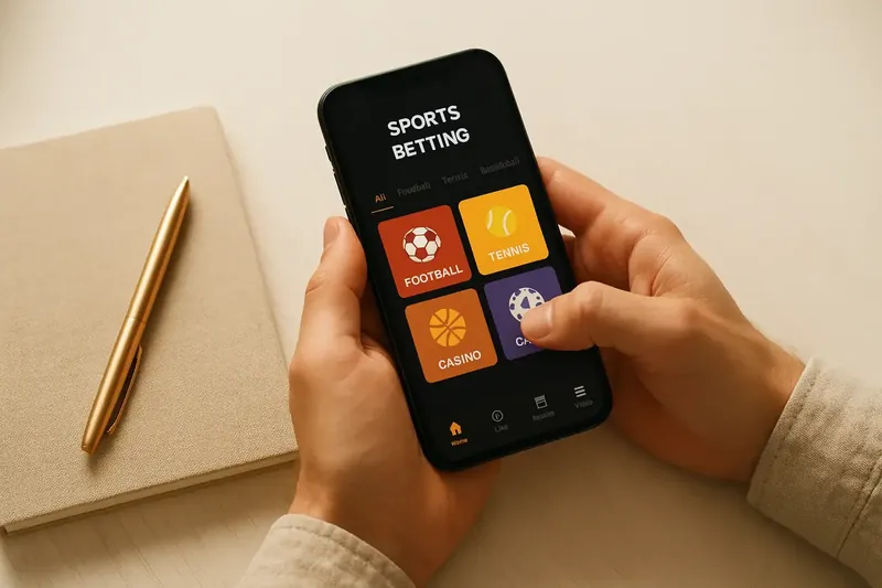Man's hands using phone with betting app on desk