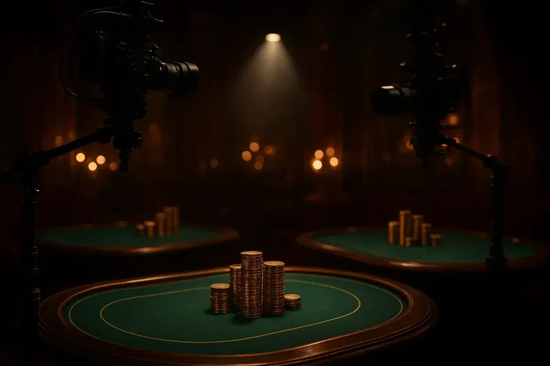 Overhead live casino studio with dealer tables, cameras, green felt