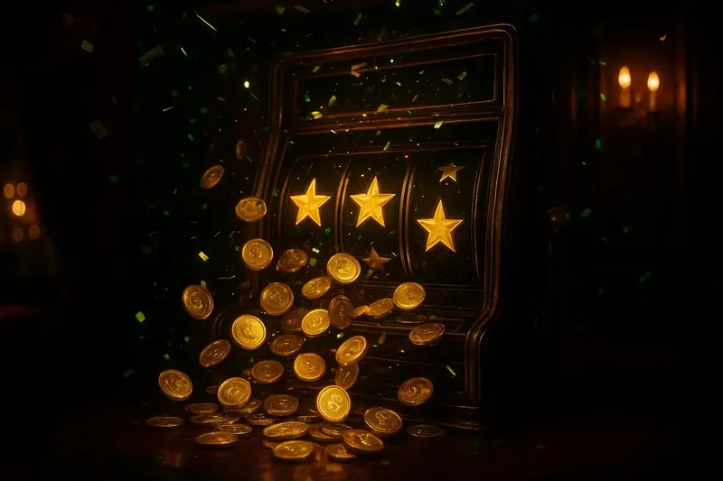 Jackpot Coin Cascade Golden coins rain over winning slot screen with stars and confetti